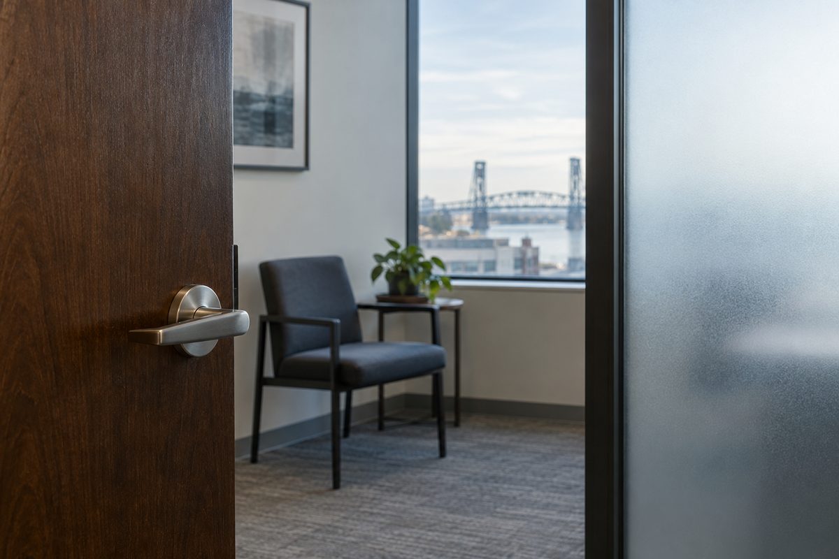 Frosted glass and chair in a private consultation room