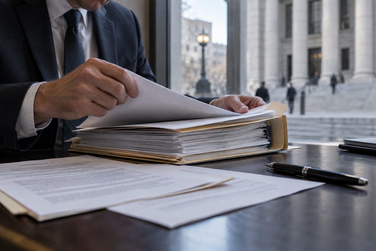 Hands reviewing a criminal defense file