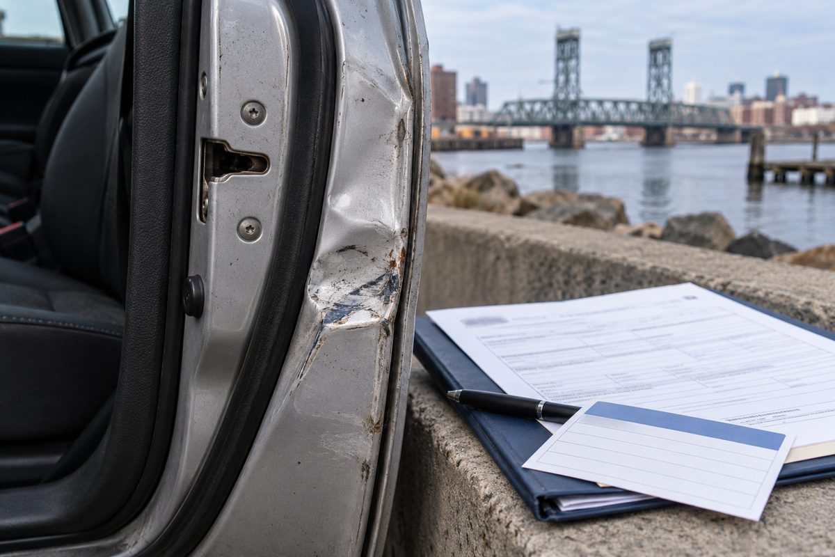 Accident records beside a damaged vehicle detail